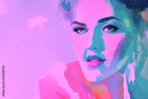 Sensual woman in neon ultraviolet light watercolor drawing, AI generative.