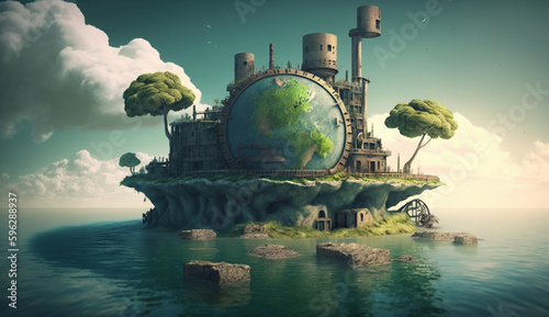 Fantasy an old industrial floating island pollutes with green energy and safe earth. Generative AI.