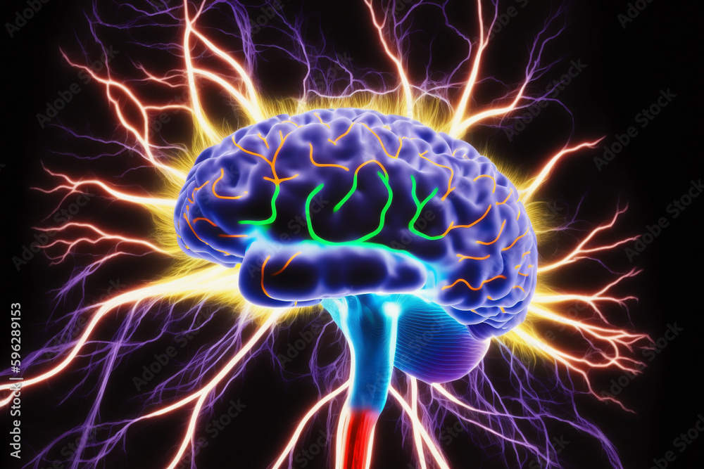Close-up of a human brain showing neuronal activity and multicolored lightning neural extension. AI Generative. Close-up of a human brain showing neuronal activity and multicolored lightning neural extension. AI Generative.