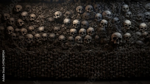 catacomb wall, hundreds of black skulls and bones, high resolution texture. generative AI photo