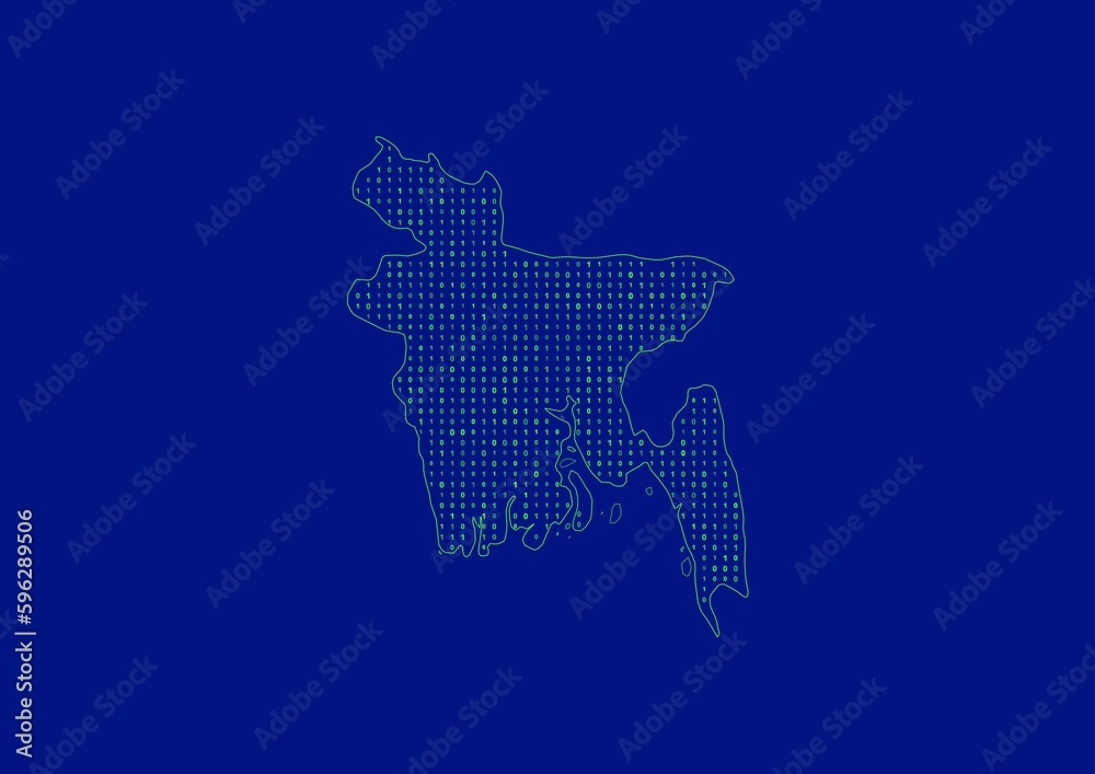 Bangladesh map for technology or innovation or internet concepts. Minimalist country border filled with 1s and 0s. File is suitable for digital editing and prints of all sizes.