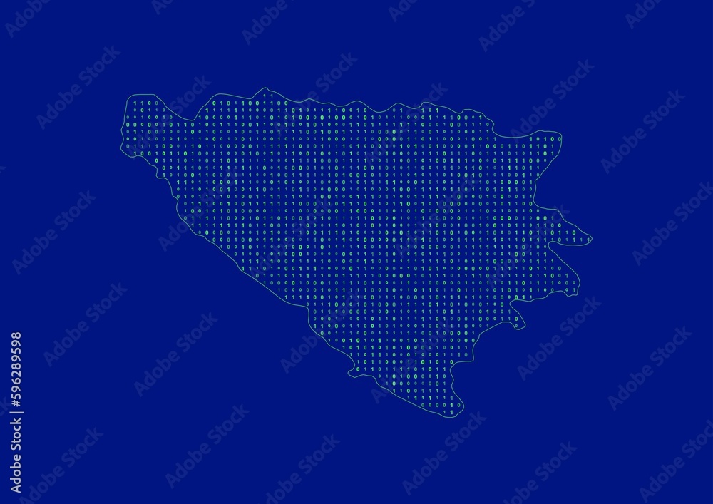 Bosnia and Herzegovina map for technology or innovation or internet concepts. Minimalist country border filled with 1s and 0s. File is suitable for digital editing and prints of all sizes.