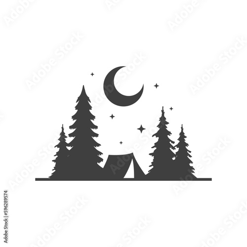 Camping tent halt spruce forest night half moon stars monochrome vintage icon design vector