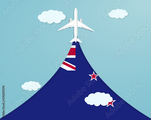 Travel to New Zealand by flight, destination concept, paper cut vacation idea