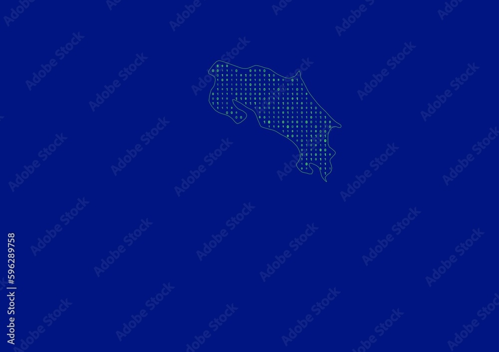 Costa Rica map for technology or innovation or internet concepts. Minimalist country border filled with 1s and 0s. File is suitable for digital editing and prints of all sizes.