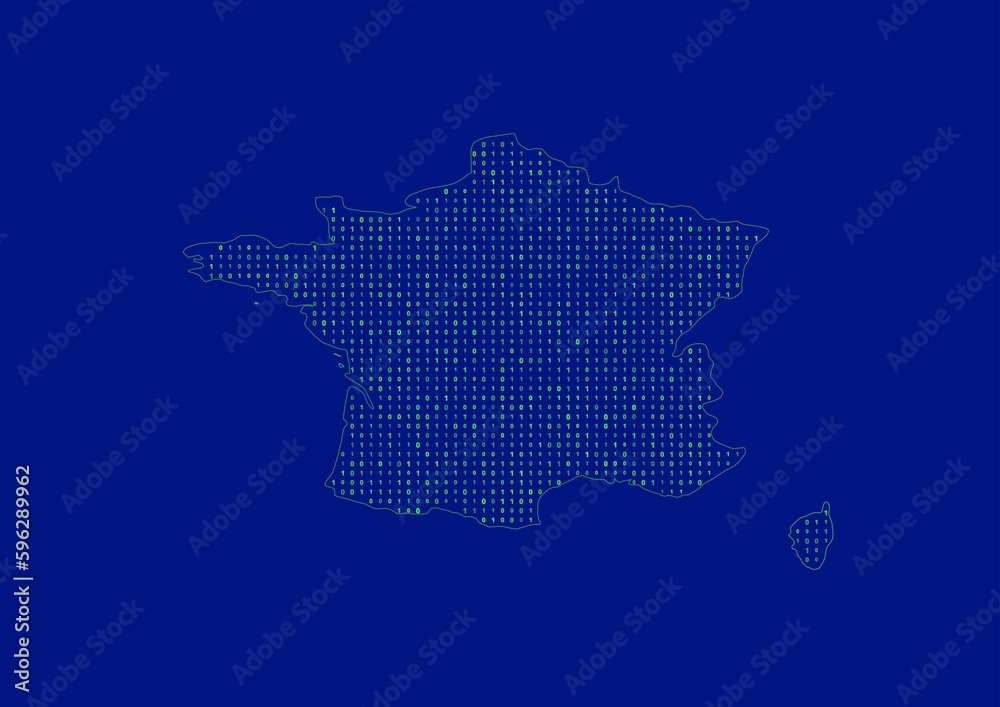 France map for technology or innovation or internet concepts. Minimalist country border filled with 1s and 0s. File is suitable for digital editing and prints of all sizes. France map for technology or innovation or internet concepts. Minimalist country border filled with 1s and 0s. File is suitable for digital editing and prints of all sizes.