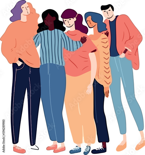 Group of abstract diverse people, man and woman, Friends or coworkers are standing, hugging, posing together. cartoon characters. Teamwork, togetherness, friendship concept. Hand drawn colorful Vector