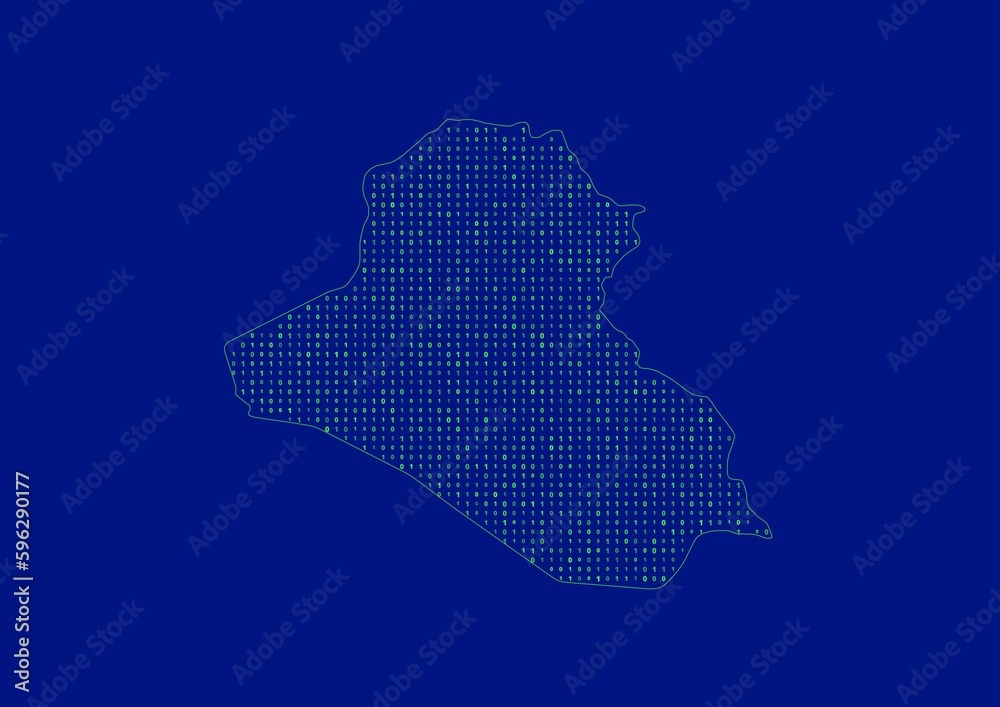 Iraq map for technology or innovation or internet concepts. Minimalist country border filled with 1s and 0s. File is suitable for digital editing and prints of all sizes.