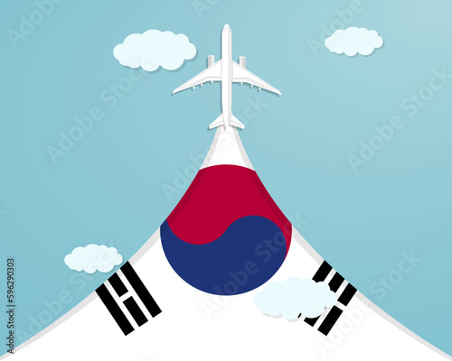 Travel to South Korea by flight, destination concept, paper cut vacation idea