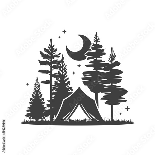 Camping tent halt night spruce forest half moon landscape vintage icon design vector illustration