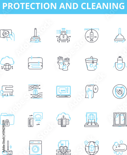 Protection and cleaning vector line icons set. Protection, cleaning, shielding, preserving, guarding, securing, sanitizing illustration outline concept symbols and signs