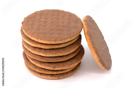 Chocolate coated biscuit isolated on white background. Selective focus.