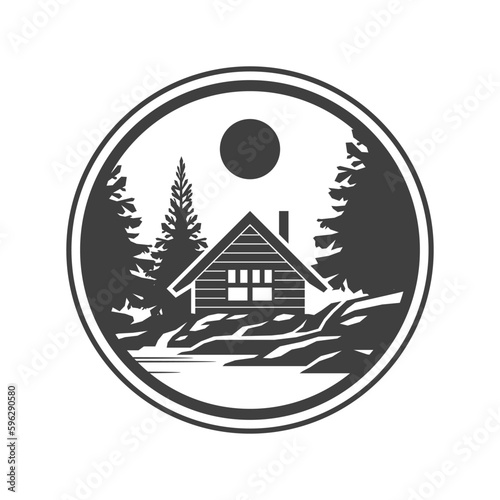 Camping cabin wood hut at forest mountain river nature leisure circle vintage logo design vector