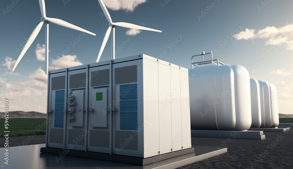 Hydrogen storage tank on small hill with mill turbines and solar power panel, Generative AI. Hydrogen storage tank on small hill with mill turbines and solar power panel, Generative AI.