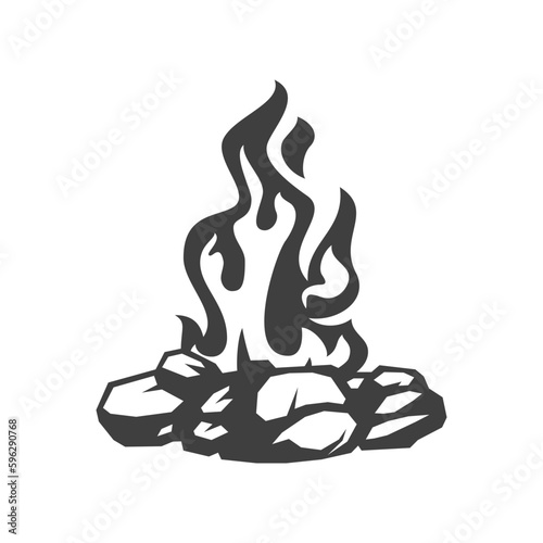 Burning flame bonfire campfire stones camping halt light expedition vintage icon design vector