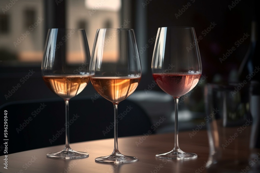 Three glasses for red, rosé, and white wine. Generative AI