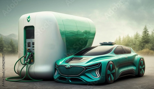 hydrogen power car vehicles ,hydrogen stations, green hydrogen and renwable power concept. AI Generative.