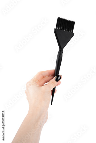 Woman's hand holding black professional hair color brush isolated on white background.