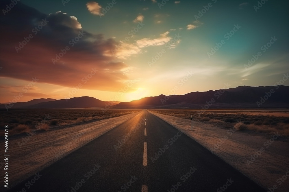 A straight road on a trip with sunset