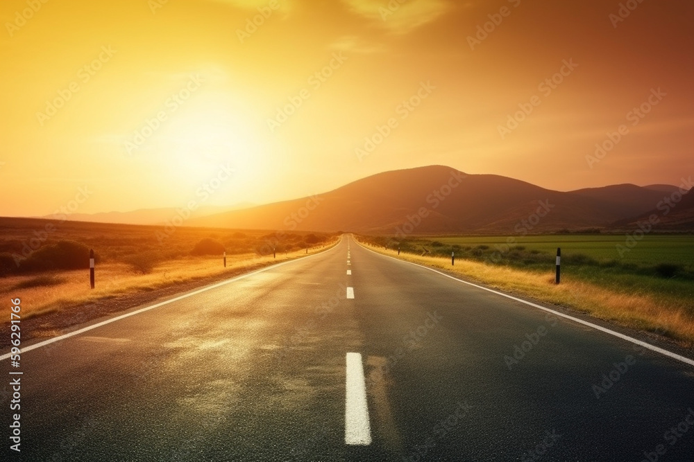 A straight road on a trip with sunset