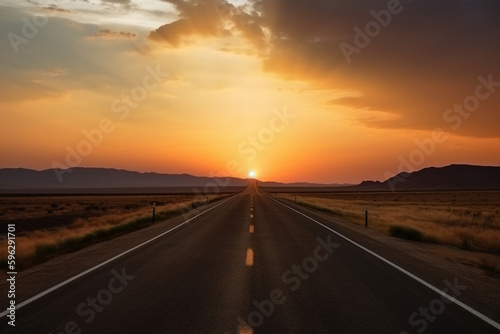 A straight road on a trip with sunset © Maximilien