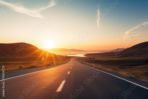 A straight road on a trip with sunset