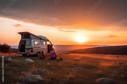  Enjoying a summer road trip with a vintage campervan on a relaxing sunset