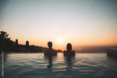 A man and a woman relaxing on a swimming pool view from the back