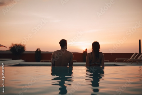 A man and a woman relaxing on a swimming pool view from the back © Maximilien