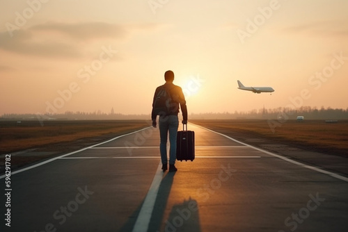 man traveling holding luggage on an airppport road at sunset