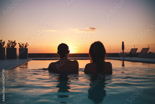 A man and a woman relaxing on a swimming pool view from the back