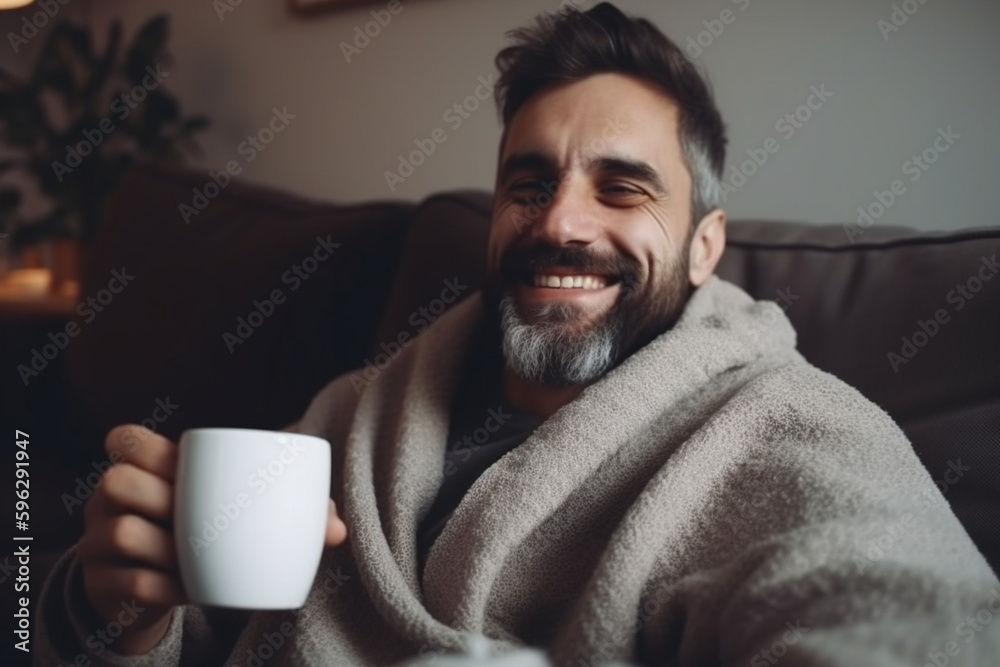 Happy Man relaxing on vaccation on a sofa with a cofee Happy Man relaxing on vaccation on a sofa with a cofee