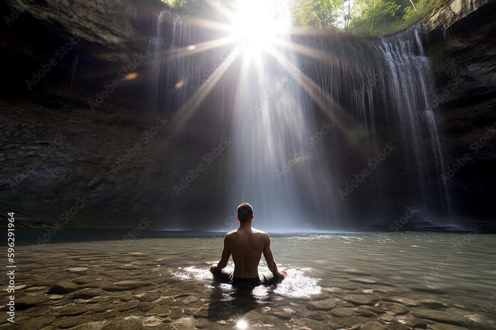 Man relaxing on a waterfall, yoga Man relaxing on a waterfall, yoga