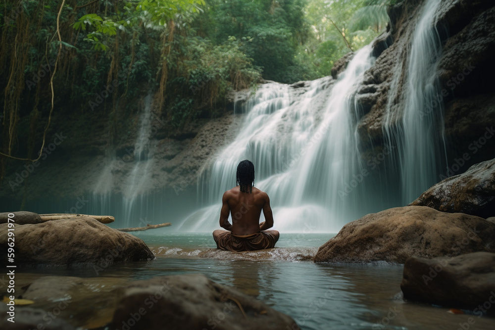 Man relaxing on a waterfall, yoga Man relaxing on a waterfall, yoga
