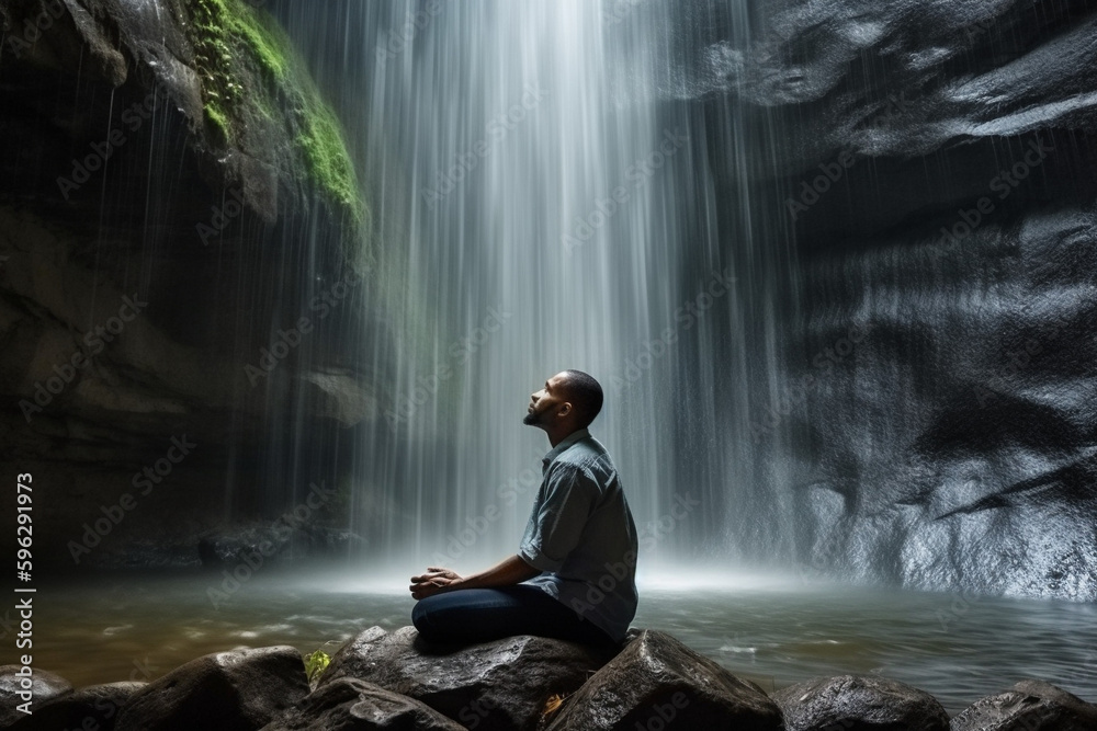 Man relaxing on a waterfall, yoga Man relaxing on a waterfall, yoga