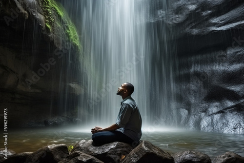  Man relaxing on a waterfall, yoga