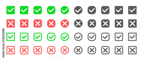 collection white check mark and cross icon set, green and red circle and square. Vector illustration checkmark icon set.