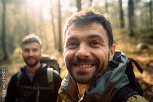 two man hiking on the forest with sun reflection and blurry background, generative IA © Maximilien