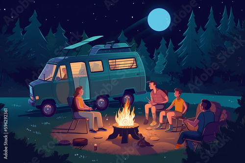 A vector image flat design of a group of people camping  at night around a campfire with a camper vvintage van in background photo