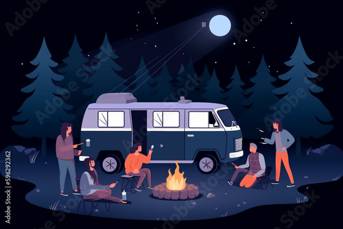 A vector image flat design of a group of people camping  at night around a campfire with a camper vvintage van in background photo