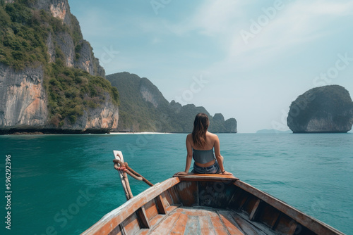 Woman Having fun and relaxing on a boat with sea landscape © Maximilien