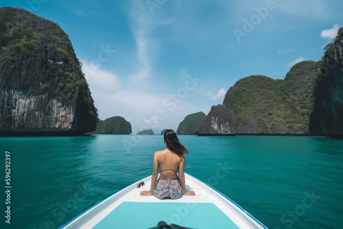 Woman Having fun and relaxing on a boat with sea landscape