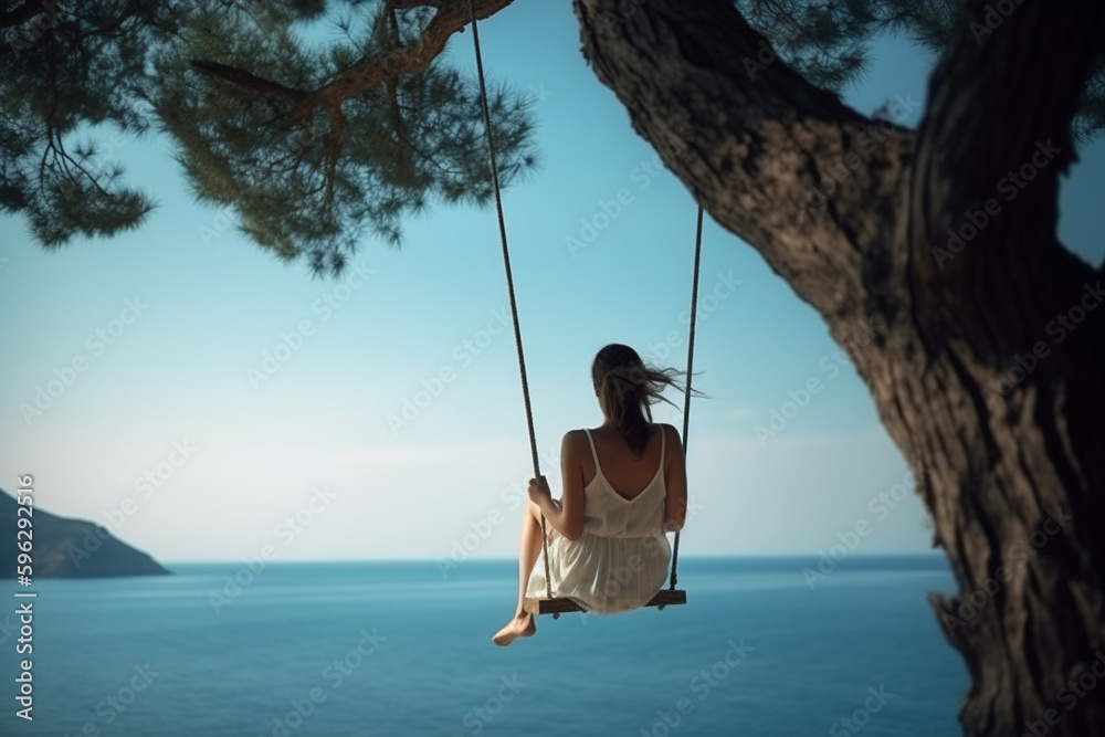 woman sit on a swing view from the back with beach landscape