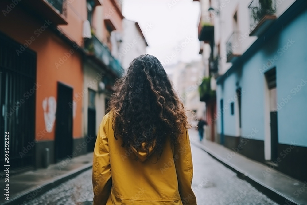 woman walking on a trip into a colored street woman walking on a trip into a colored street