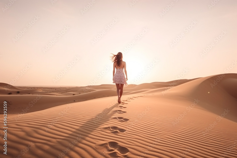 woman walking alone on the desert at sunset, generative IA