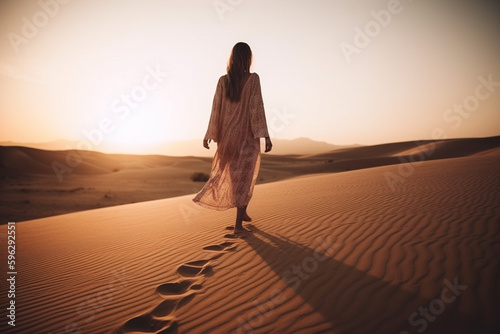 woman walking alone on the desert at sunset