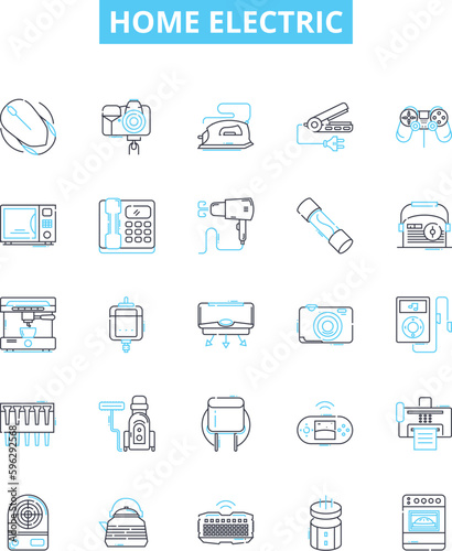 Home electric vector line icons set. Appliances, Heat, Lighting, Air, Fans, Wiring, Plugs illustration outline concept symbols and signs