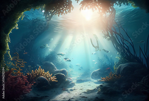 Under the sea, there is sunlight shining with corals. on the background. Generative AI