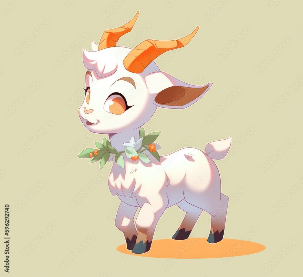 Cute white little goat in cartoon style. Generative AI illustration