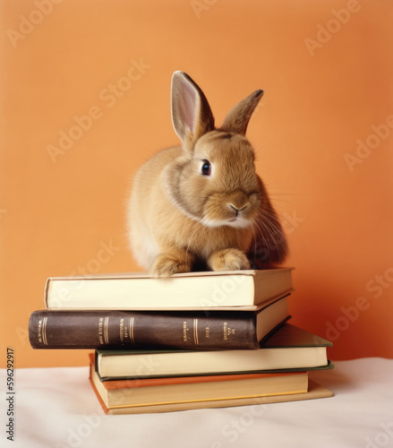 Cute rabbit sitting on old books. Generative AI © Evarelle